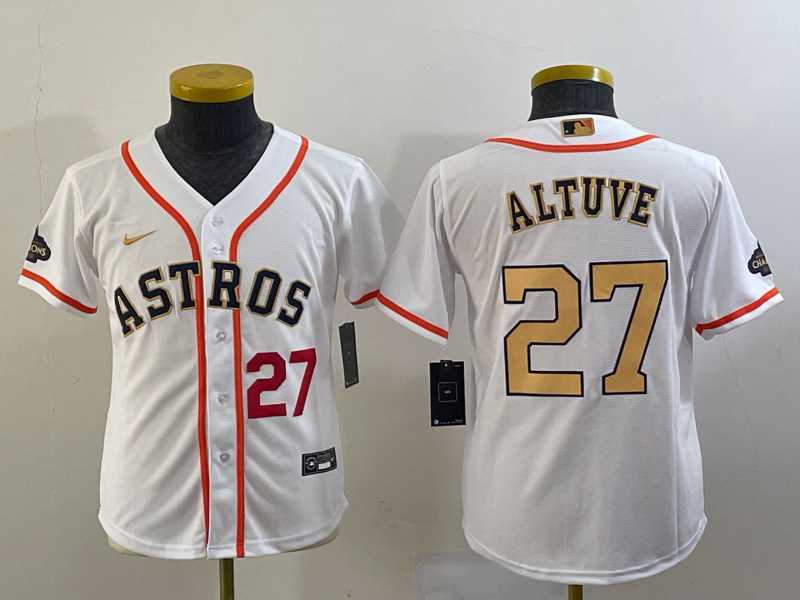 Youth Houston Astros #27 Jose Altuve Number 2023 White Gold World Serise Champions Patch Cool Base Stitched Jersey->mlb youth jerseys->MLB Jersey